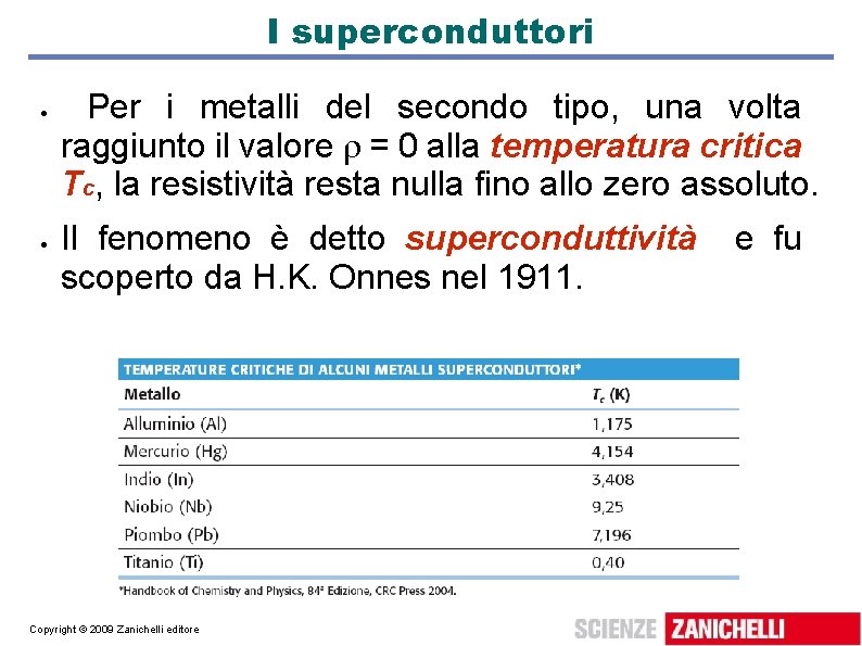 I superconduttori Per i metalli del secondo tipo, una volta raggiunto il valore =
