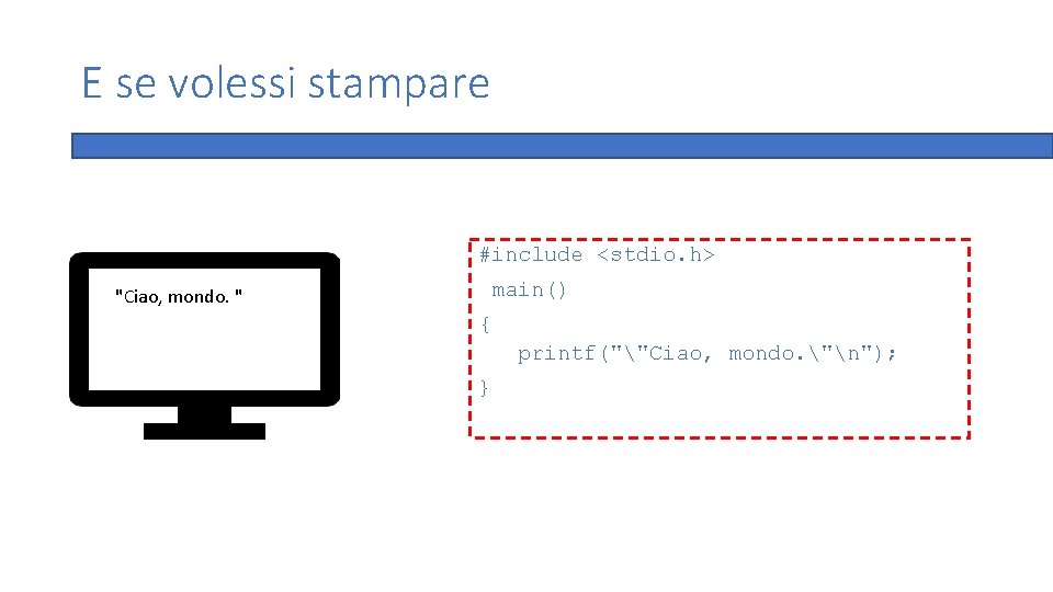 E se volessi stampare #include <stdio. h> main() "Ciao, mondo. " { printf(""Ciao, mondo.