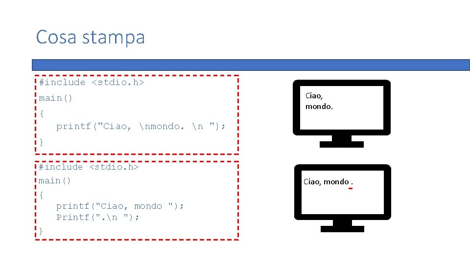 Cosa stampa #include <stdio. h> main() { Ciao, mondo. printf("Ciao, nmondo. n "); }