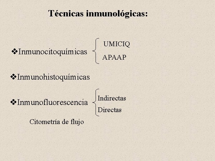 Técnicas inmunológicas: v. Inmunocitoquímicas UMICIQ APAAP v. Inmunohistoquímicas v. Inmunofluorescencia Citometría de flujo Indirectas