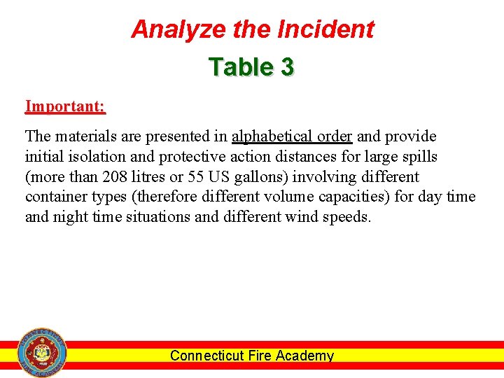 Analyze the Incident Table 3 Important: The materials are presented in alphabetical order and