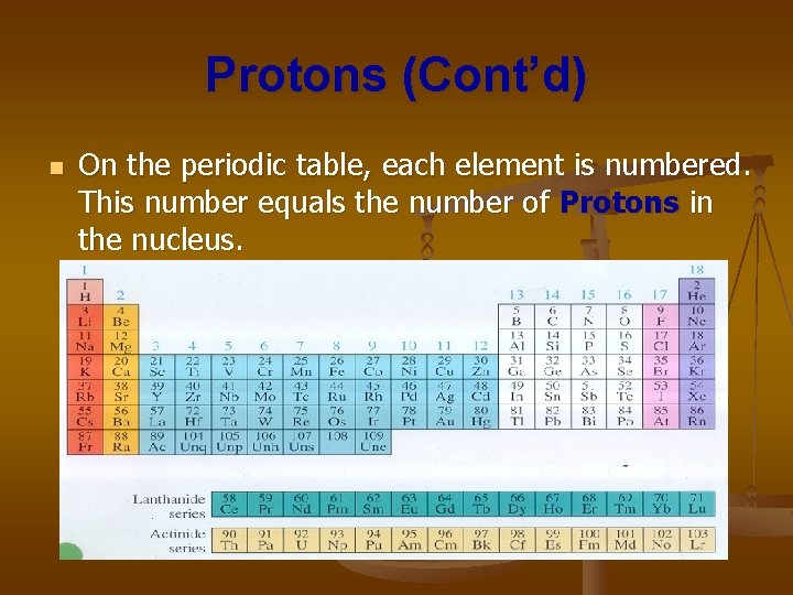 Protons (Cont’d) n On the periodic table, each element is numbered. This number equals