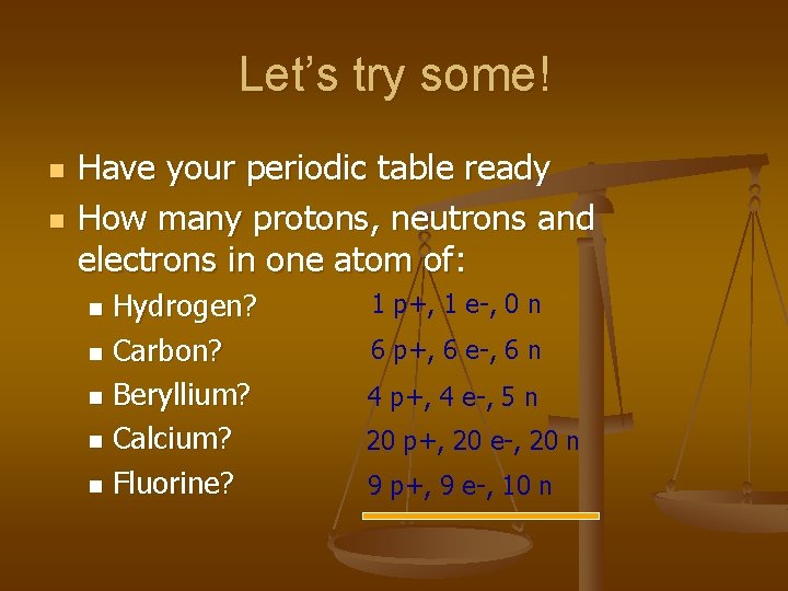 Let’s try some! n n Have your periodic table ready How many protons, neutrons