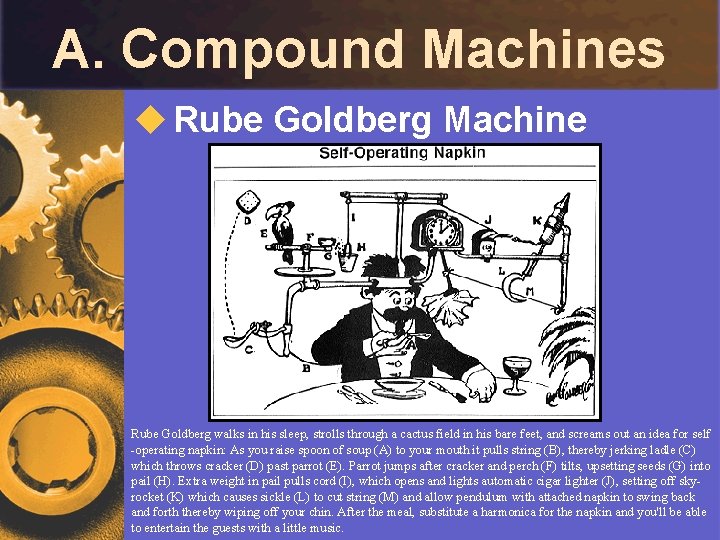 A. Compound Machines u Rube Goldberg Machine Rube Goldberg walks in his sleep, strolls