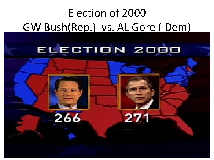 Election of 2000 GW Bush(Rep. ) vs. AL Gore ( Dem) 