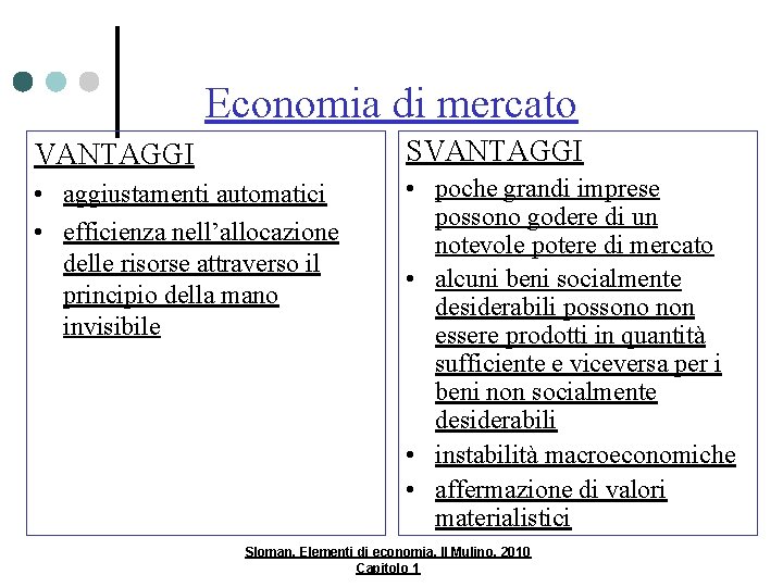 Economia di mercato VANTAGGI SVANTAGGI • aggiustamenti automatici • efficienza nell’allocazione delle risorse attraverso