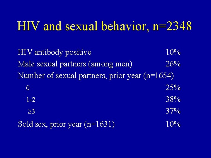 HIV and sexual behavior, n=2348 HIV antibody positive 10% Male sexual partners (among men)