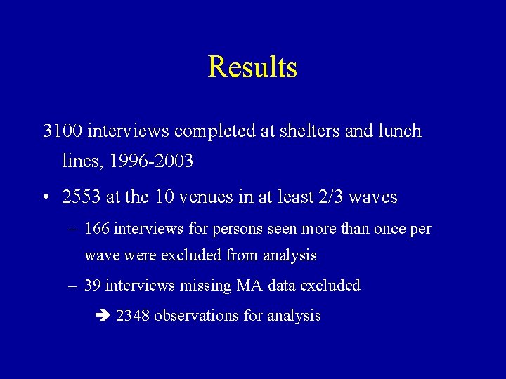 Results 3100 interviews completed at shelters and lunch lines, 1996 -2003 • 2553 at
