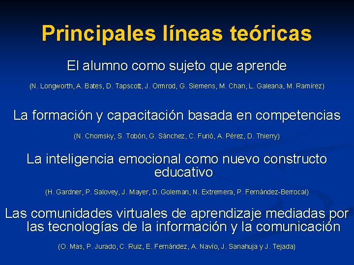 Principales líneas teóricas El alumno como sujeto que aprende (N. Longworth, A. Bates, D.