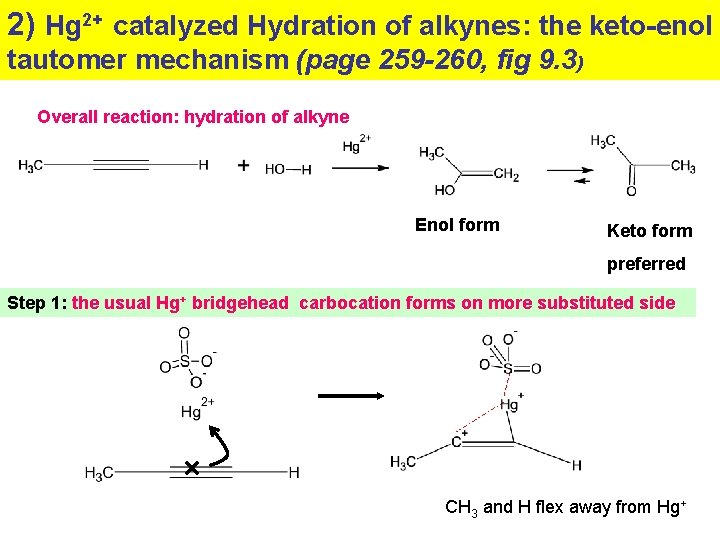 2) Hg 2+ catalyzed Hydration of alkynes: the keto-enol tautomer mechanism (page 259 -260,