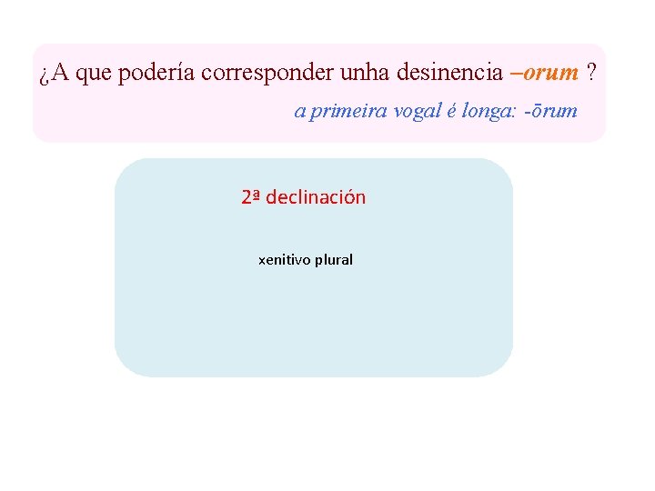 ¿A que podería corresponder unha desinencia –orum ? a primeira vogal é longa: -ōrum