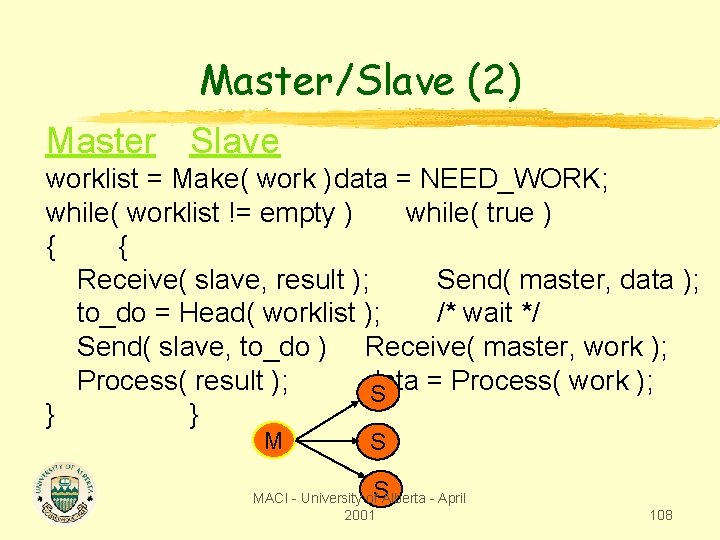 Master/Slave (2) Master Slave worklist = Make( work )data = NEED_WORK; while( worklist !=