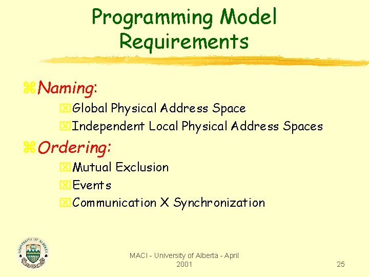 Programming Model Requirements z. Naming: x. Global Physical Address Space x. Independent Local Physical