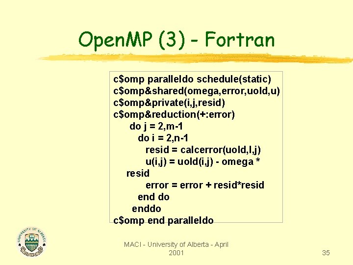 Open. MP (3) - Fortran c$omp paralleldo schedule(static) c$omp&shared(omega, error, uold, u) c$omp&private(i, j,