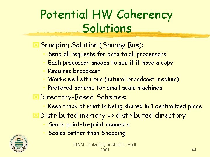 Potential HW Coherency Solutions x. Snooping Solution (Snoopy Bus): • • • Send all