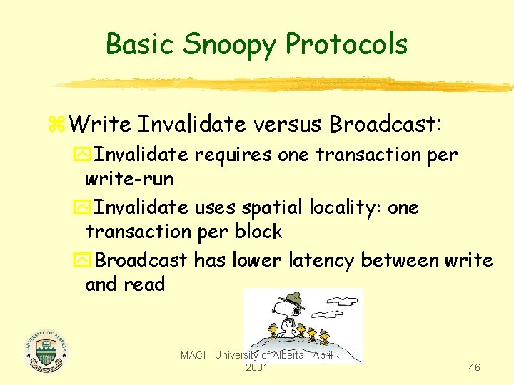 Basic Snoopy Protocols z. Write Invalidate versus Broadcast: y. Invalidate requires one transaction per