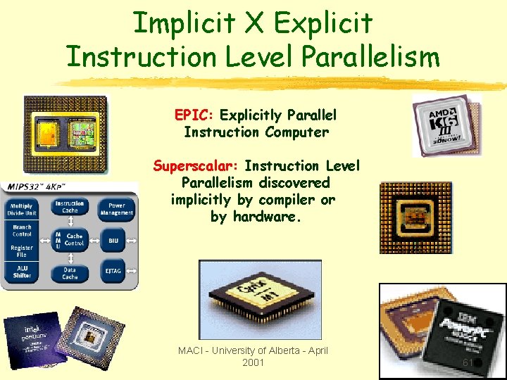 Implicit X Explicit Instruction Level Parallelism EPIC: Explicitly Parallel Instruction Computer Superscalar: Instruction Level