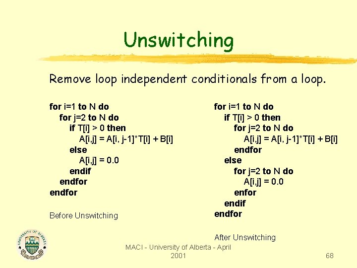 Unswitching Remove loop independent conditionals from a loop. for i=1 to N do for