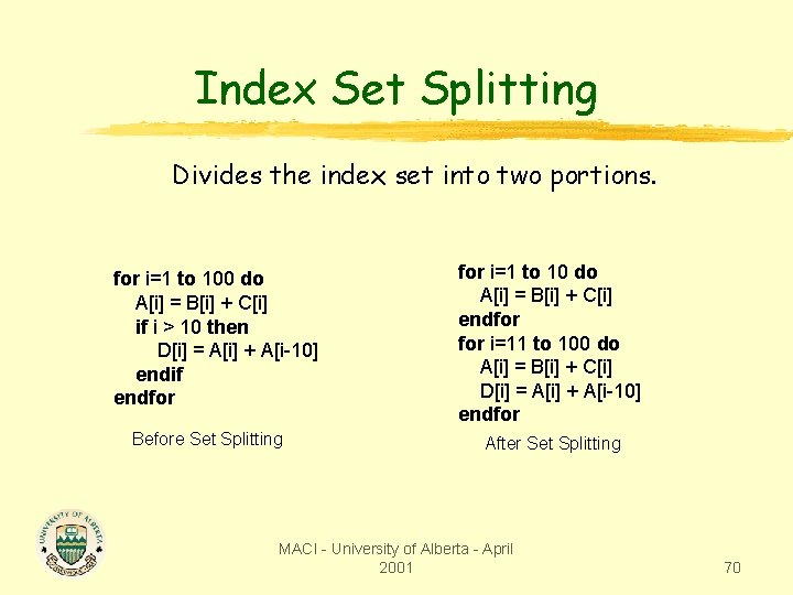Index Set Splitting Divides the index set into two portions. for i=1 to 100