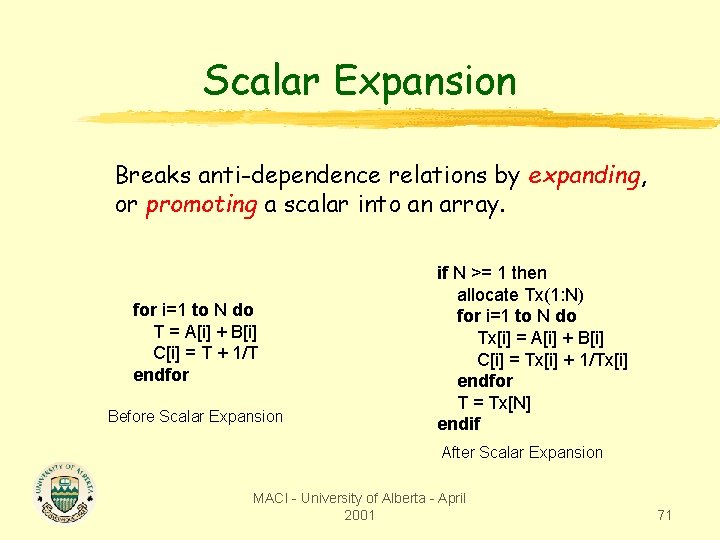 Scalar Expansion Breaks anti-dependence relations by expanding, or promoting a scalar into an array.