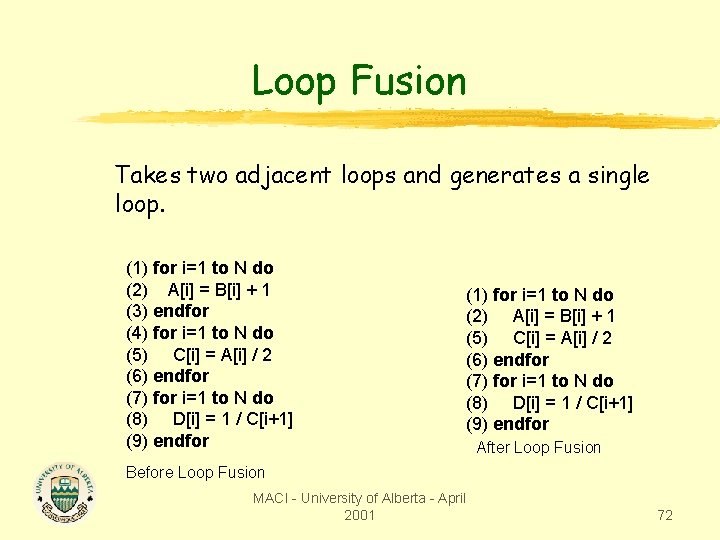 Loop Fusion Takes two adjacent loops and generates a single loop. (1) for i=1