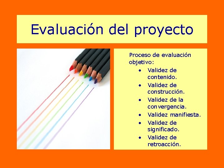 Evaluación del proyecto Proceso de evaluación objetivo: • Validez de contenido. • Validez de