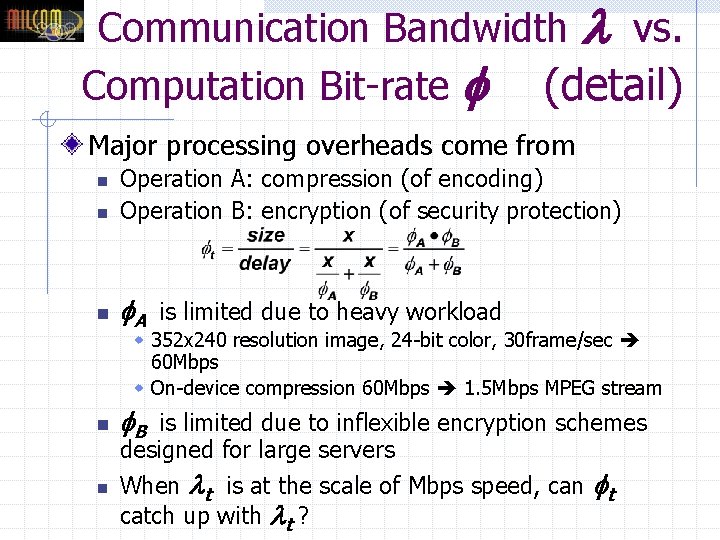 Communication Bandwidth vs. Computation Bit-rate (detail) Major processing overheads come from n Operation A: