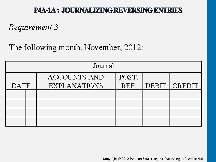 Requirement 3 The following month, November, 2012: Journal DATE ACCOUNTS AND EXPLANATIONS POST. REF.