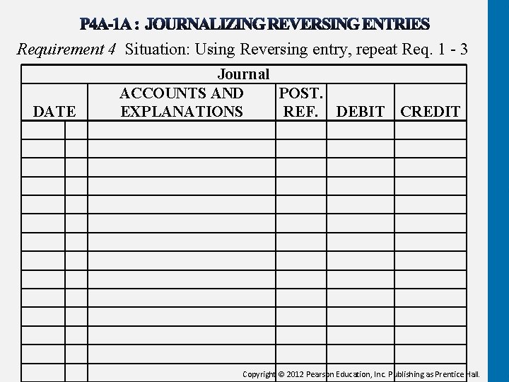 Requirement 4 Situation: Using Reversing entry, repeat Req. 1 - 3 DATE Journal ACCOUNTS