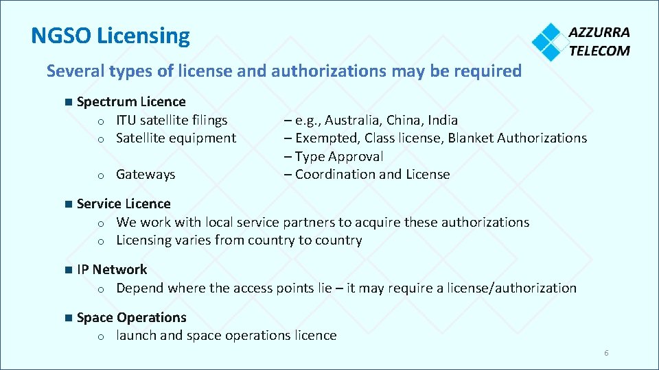 NGSO Licensing Several types of license and authorizations may be required n Spectrum Licence