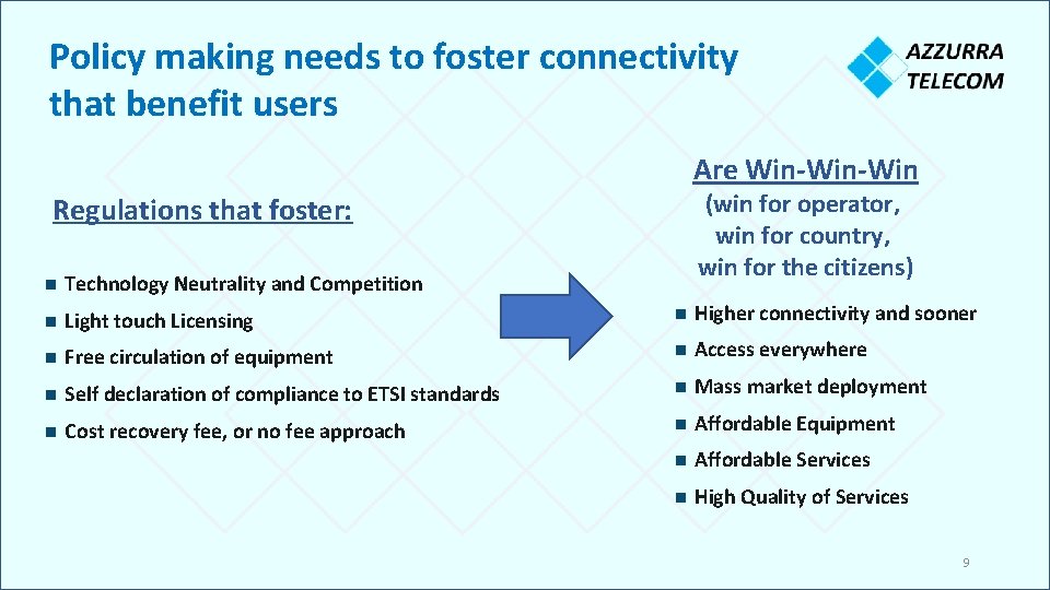 Policy making needs to foster connectivity that benefit users Are Win-Win (win for operator,