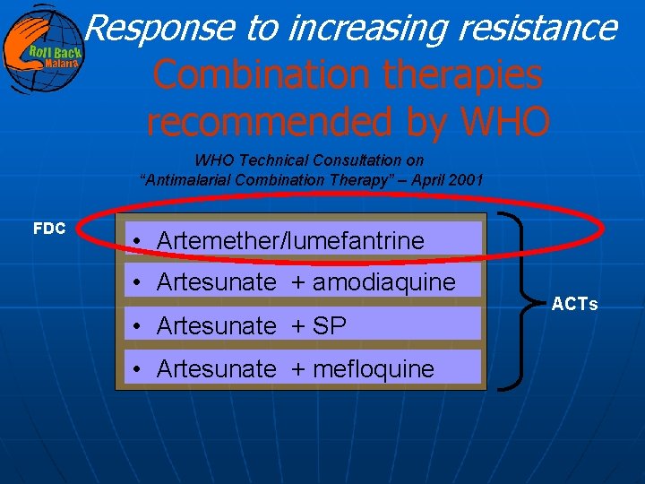 Response to increasing resistance Combination therapies recommended by WHO Technical Consultation on “Antimalarial Combination