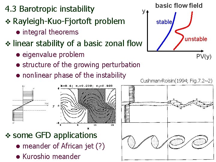 4. 3 Barotropic instability v Rayleigh-Kuo-Fjortoft problem l y basic flow field stable integral