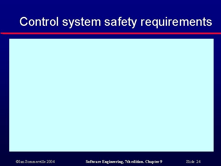 Control system safety requirements ©Ian Sommerville 2004 Software Engineering, 7 th edition. Chapter 9