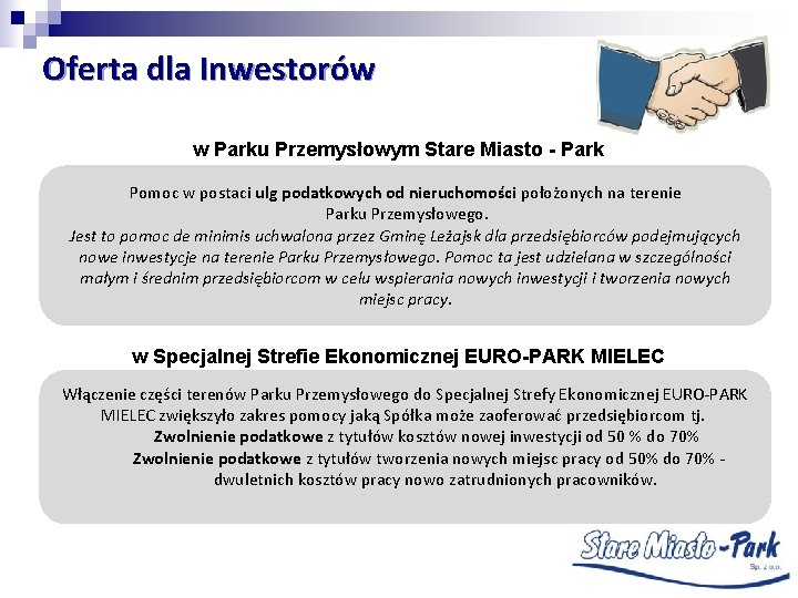 Oferta dla Inwestorów w Parku Przemysłowym Stare Miasto - Park Pomoc w postaci ulg