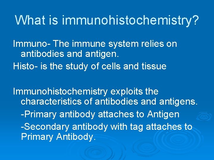What is immunohistochemistry? Immuno- The immune system relies on antibodies and antigen. Histo- is