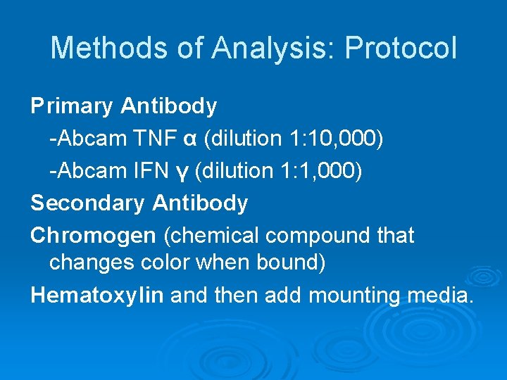 Methods of Analysis: Protocol Primary Antibody -Abcam TNF α (dilution 1: 10, 000) -Abcam