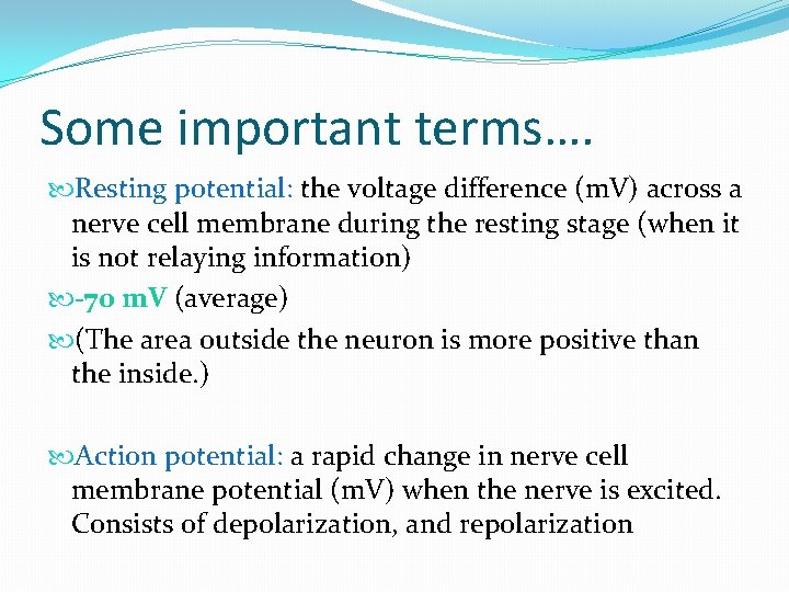 Some important terms…. Resting potential: the voltage difference (m. V) across a nerve cell Some important terms…. Resting potential: the voltage difference (m. V) across a nerve cell