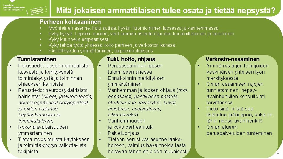 Mitä jokaisen ammattilaisen tulee osata ja tietää nepsystä? Perheen kohtaaminen • • • Myönteinen