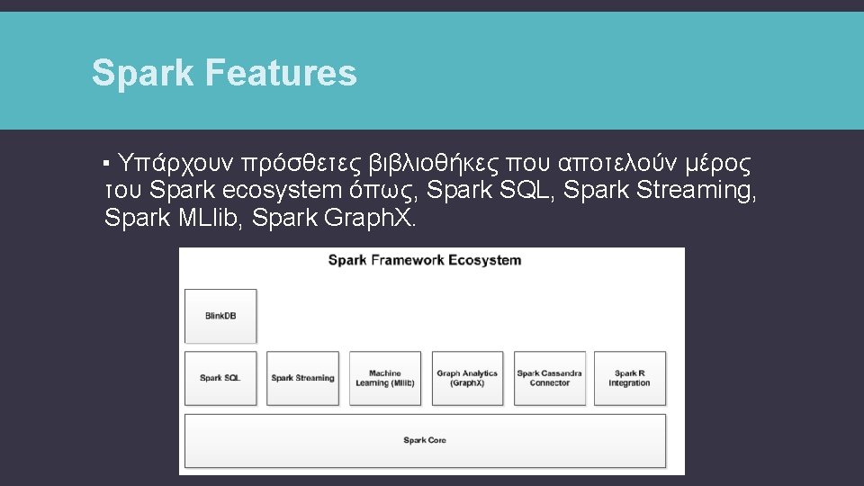 Spark Features ▪ Υπάρχουν πρόσθετες βιβλιοθήκες που αποτελούν μέρος του Spark ecosystem όπως, Spark