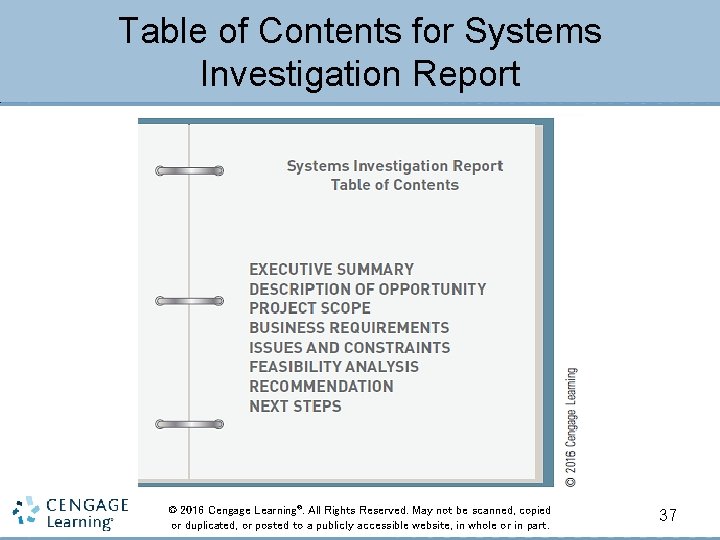 Table of Contents for Systems Investigation Report © 2016 Cengage Learning®. All Rights Reserved.