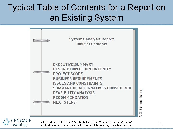 Typical Table of Contents for a Report on an Existing System © 2016 Cengage
