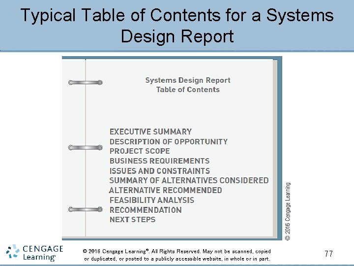 Typical Table of Contents for a Systems Design Report © 2016 Cengage Learning®. All