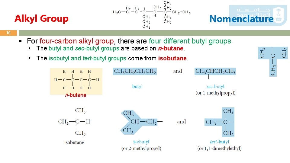Alkyl Group Nomenclature 10 § For four-carbon alkyl group, there are four different butyl