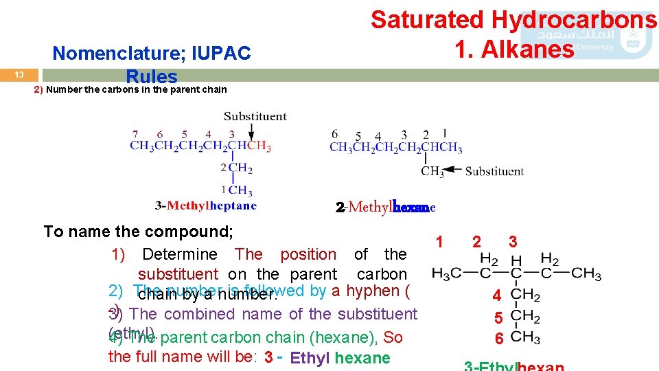 13 Nomenclature; IUPAC Rules Saturated Hydrocarbons 1. Alkanes 2) Number the carbons in the