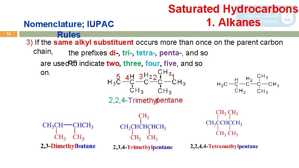 14 Nomenclature; IUPAC Rules Saturated Hydrocarbons 1. Alkanes 3) If the same alkyl substituent