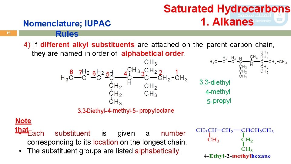 15 Saturated Hydrocarbons 1. Alkanes Nomenclature; IUPAC Rules 4) If different alkyl substituents are