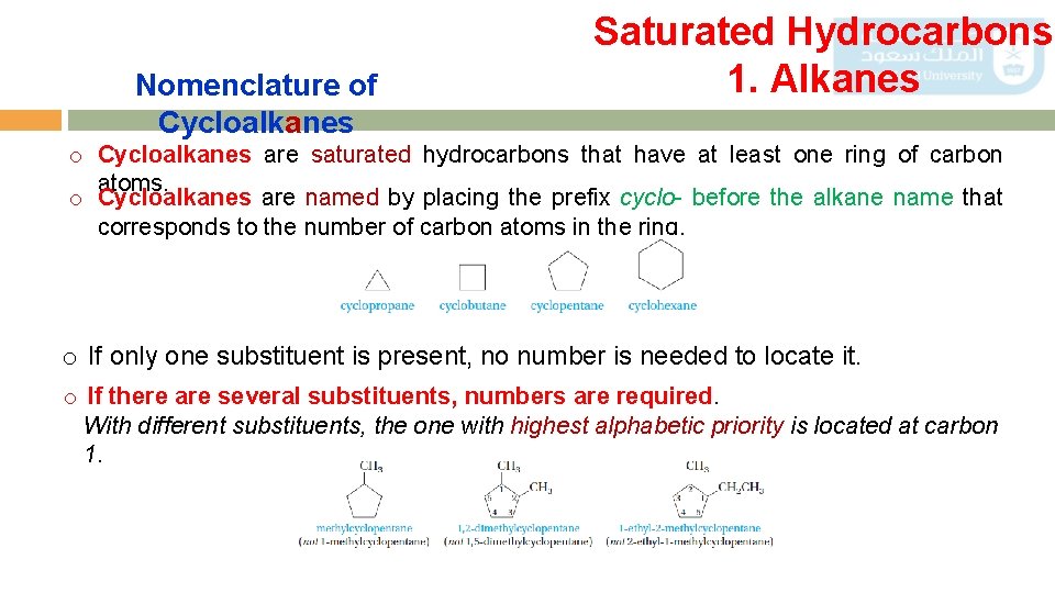 Nomenclature of Cycloalkanes Saturated Hydrocarbons 1. Alkanes o Cycloalkanes are saturated hydrocarbons that have