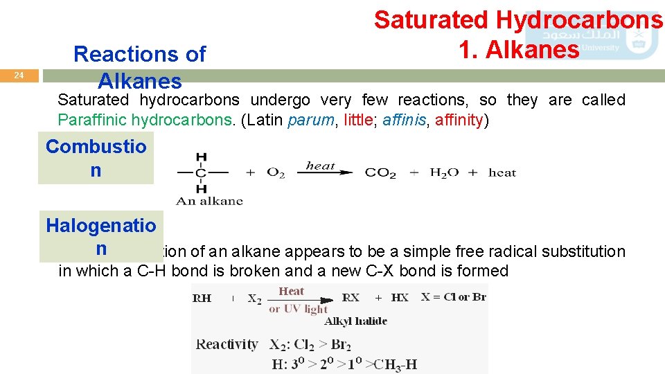 24 Reactions of Alkanes Saturated Hydrocarbons 1. Alkanes Saturated hydrocarbons undergo very few reactions,