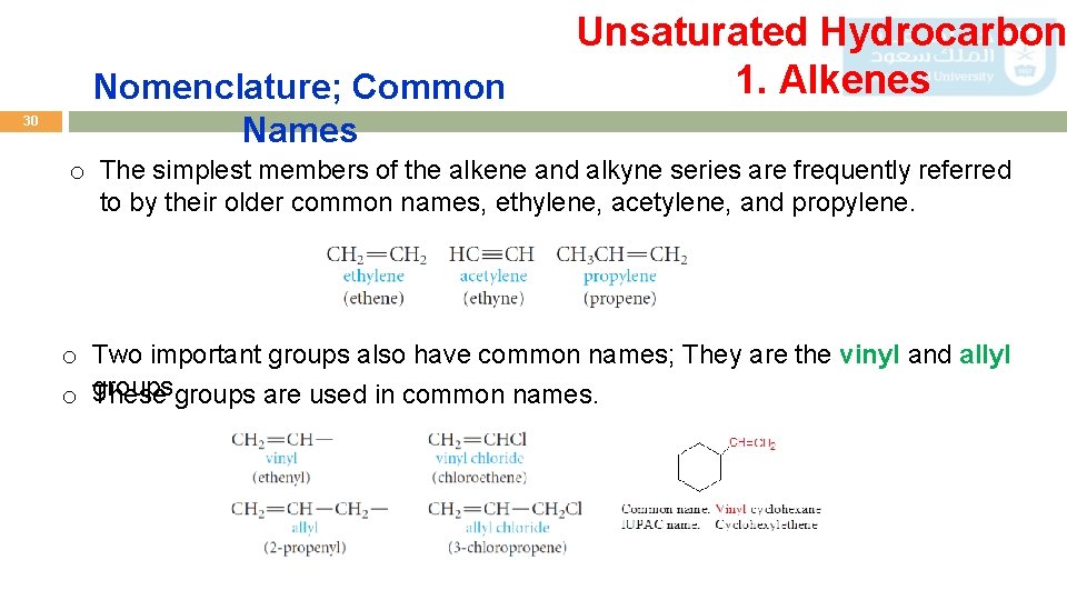 30 Nomenclature; Common Names Unsaturated Hydrocarbon 1. Alkenes o The simplest members of the